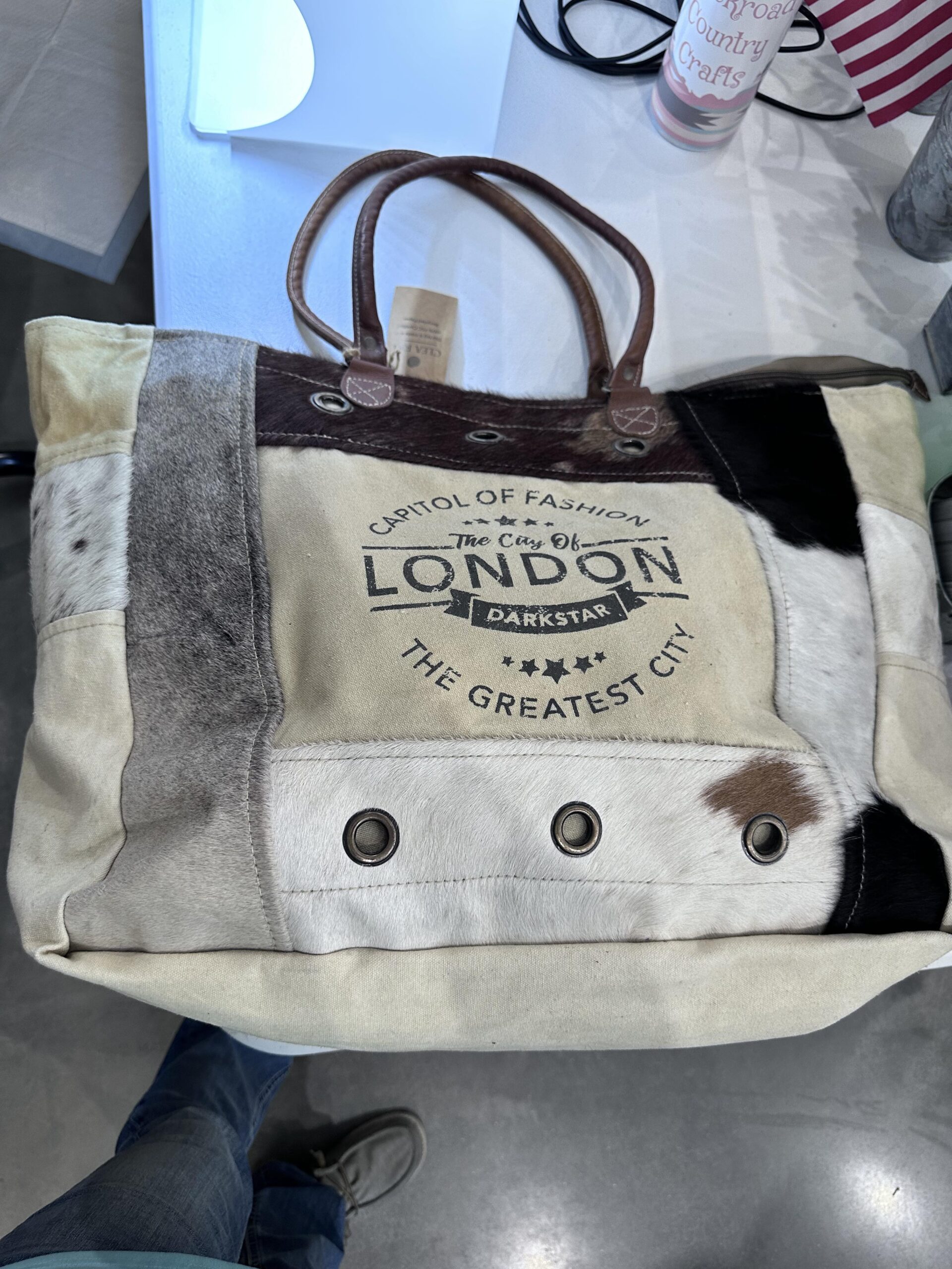 leather tote bag purse with cowhide & London design