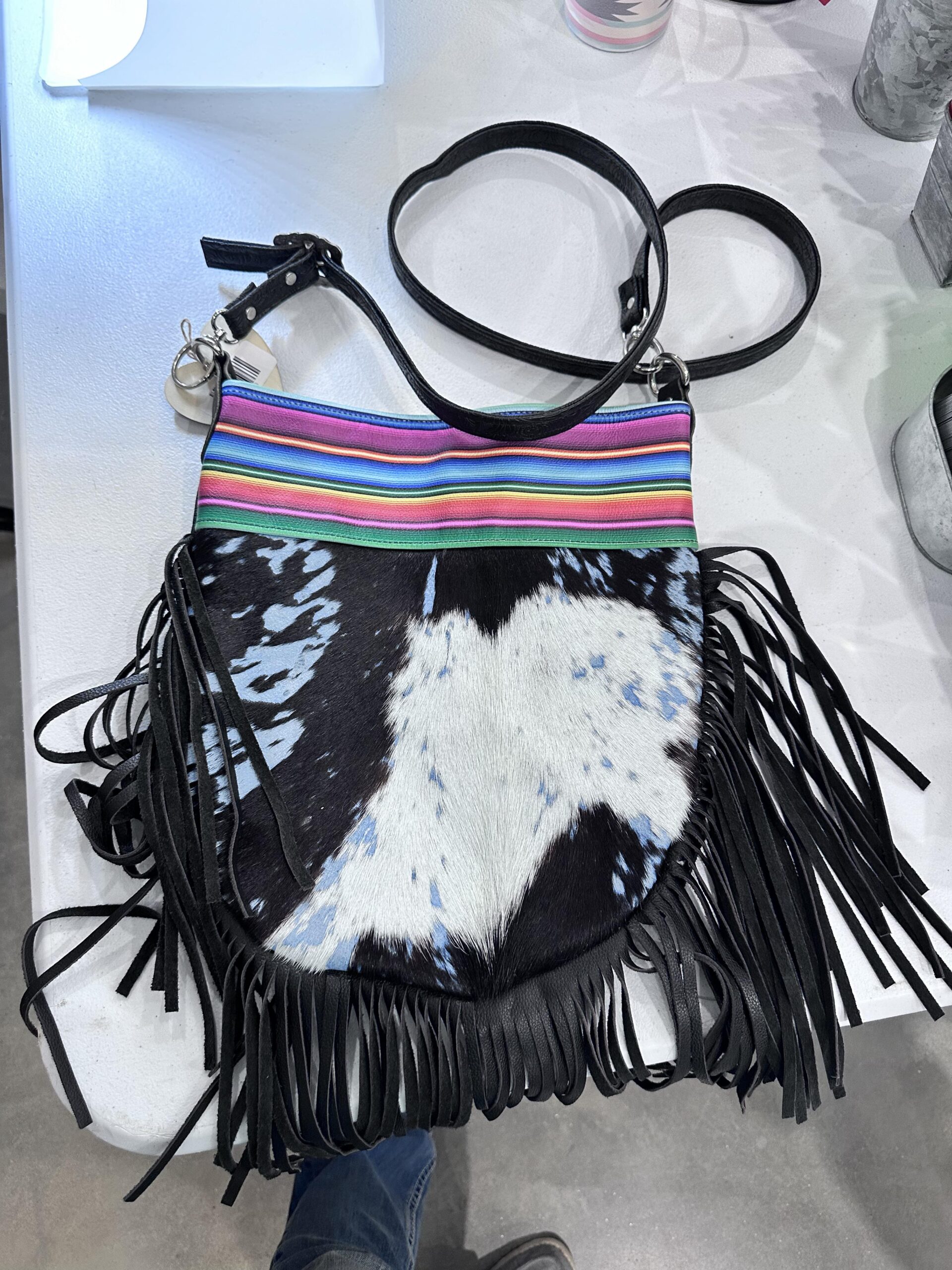 cowhide and leather fringe crossbody purse X