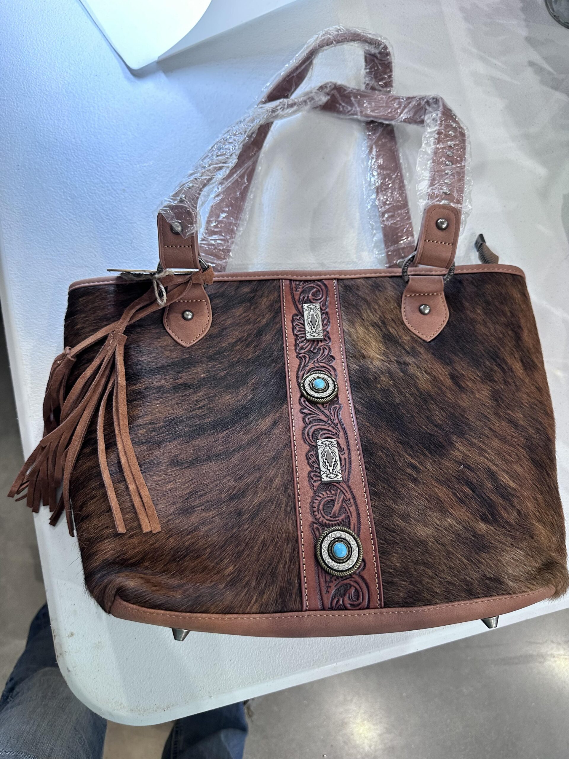 Montana West leather cowhide purse with fringe