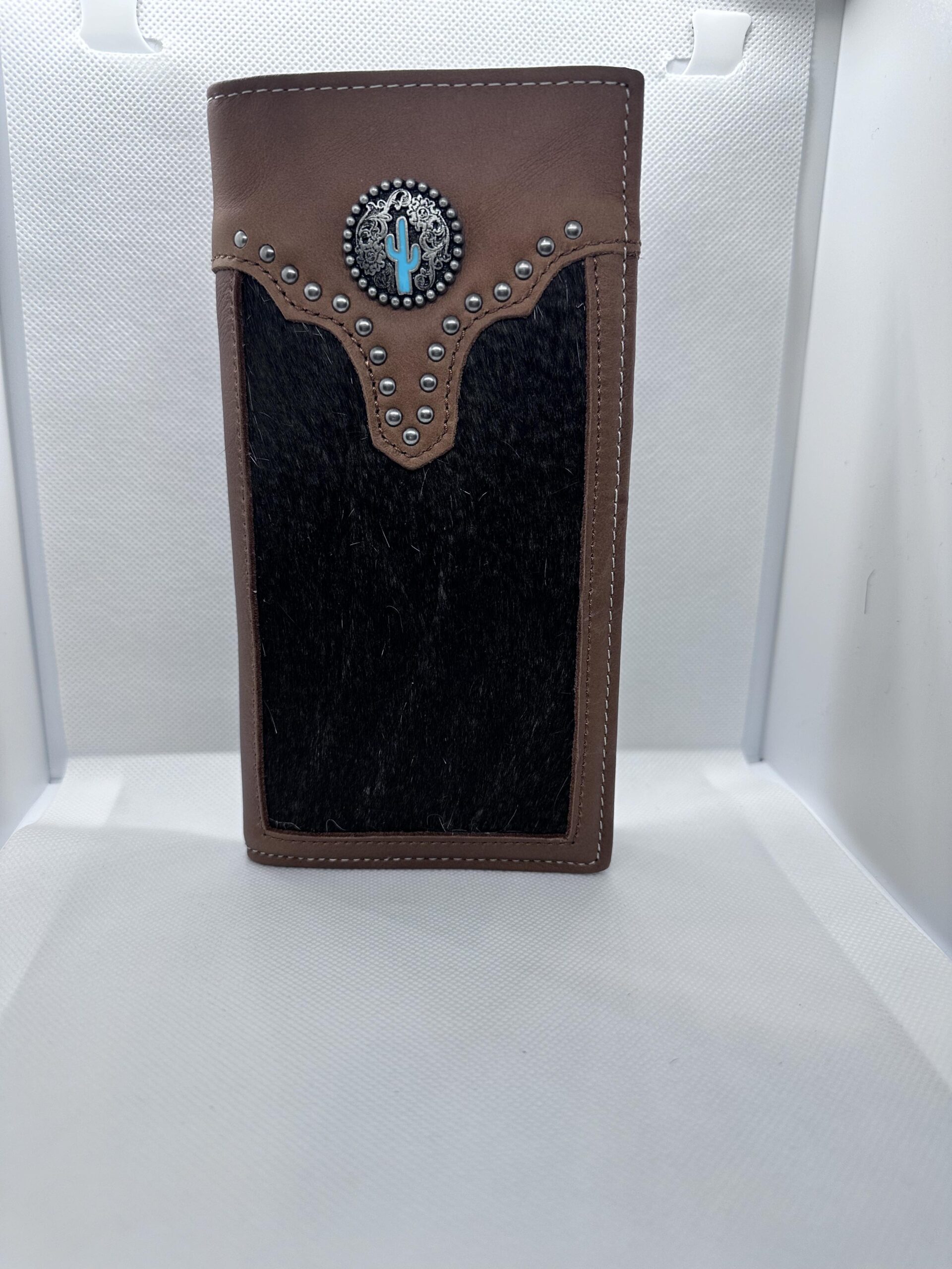 Brown Leather Billfold Wallet with Teal Cactus Concho