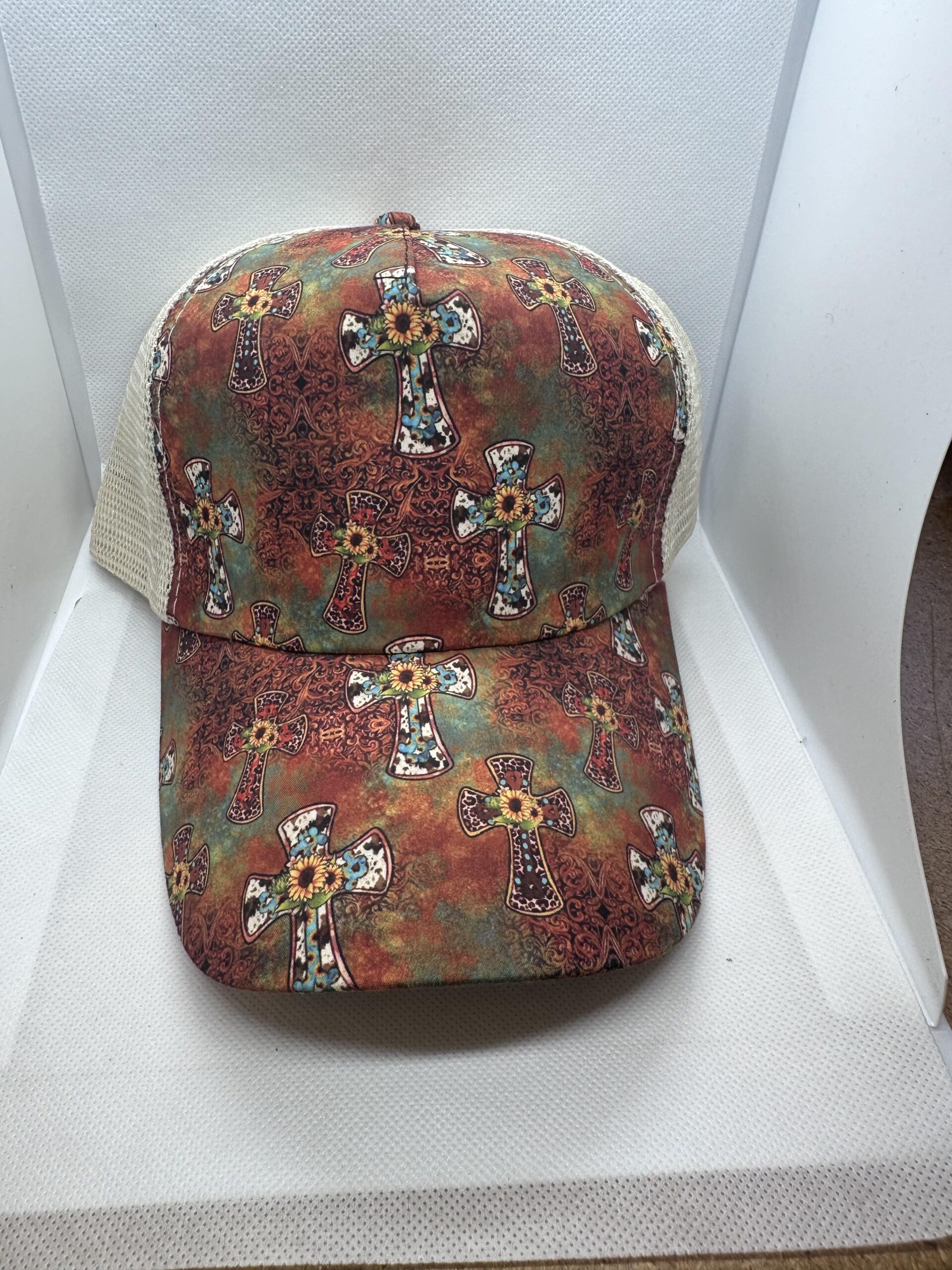 sunflower/cross ponytail hat