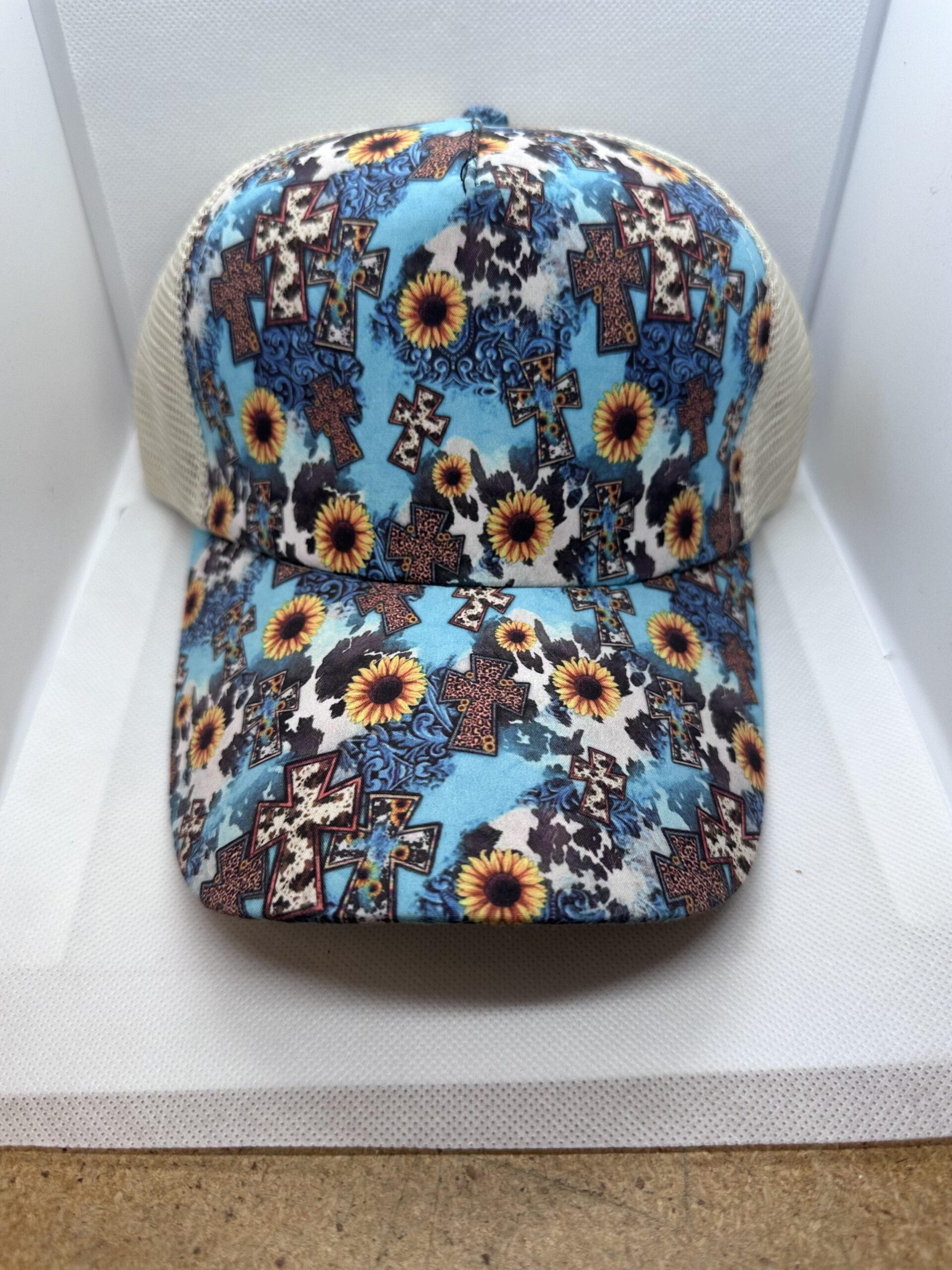 turquoise sunflower ponytail hat