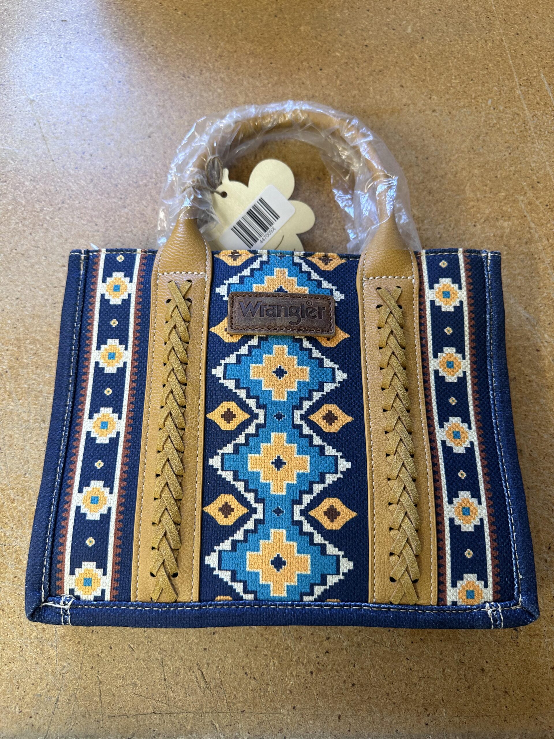 Small sized blue and yellow Wrangler leather purse