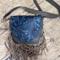 Embossed Blue Leather Fringed Crossbody Purse