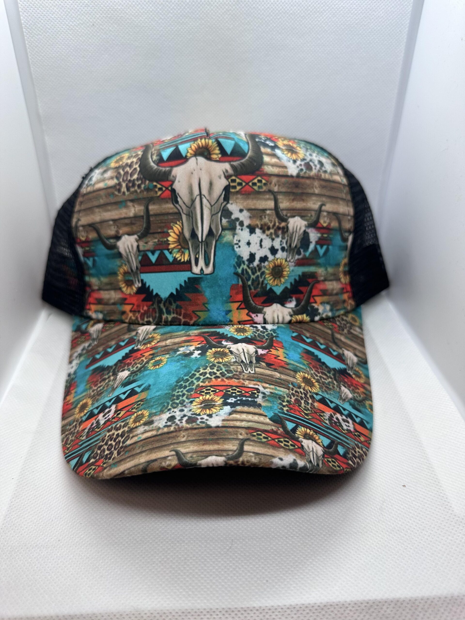 cow skull/turquoise ponytail hat